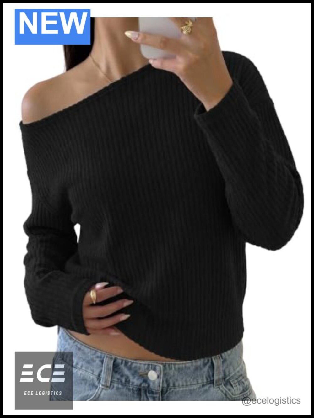 Womens Off Shoulder Ribbed Knit Sweater Asymmetrical Long Sleeve Top